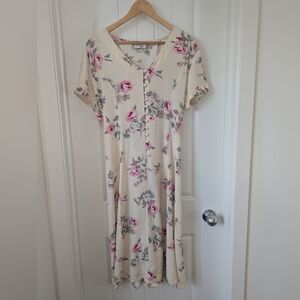 Vintage Yellow Floral Button-Front Midi Dress with Pink Roses Size 16